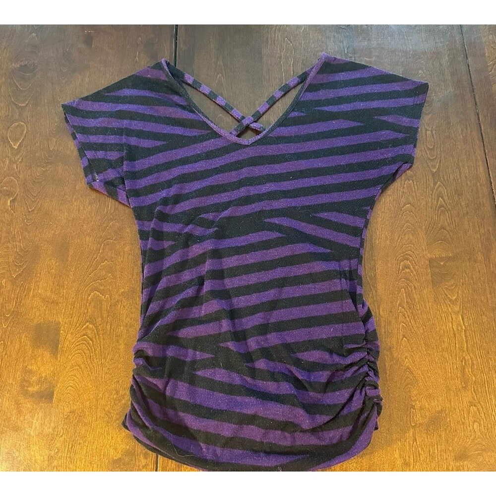 Y2K Dots Purple Black Zebra Stripe Top Crisscross Back Ruched Sz S